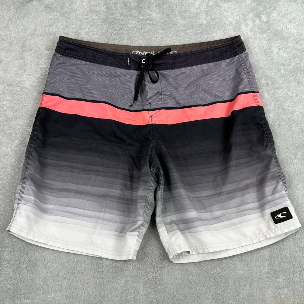 O'Neill Ombre Striped Board Shorts 36 Gray Black Coral Surf Swim Trunks Beach